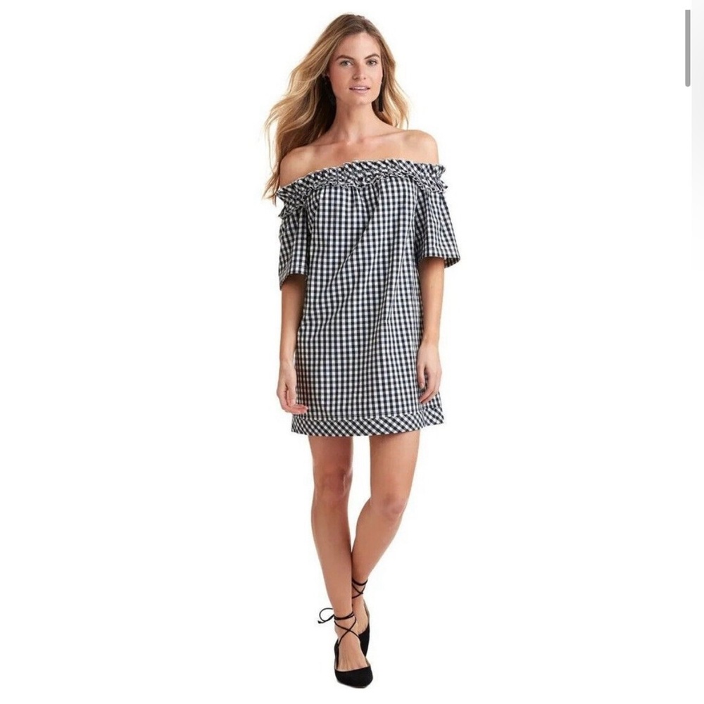 Vineyard Vines Black and White Gingham Off-Shoulder Dress